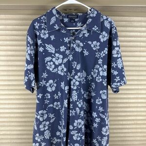 Lands' End Blue Floral Casual Button Down Shirt